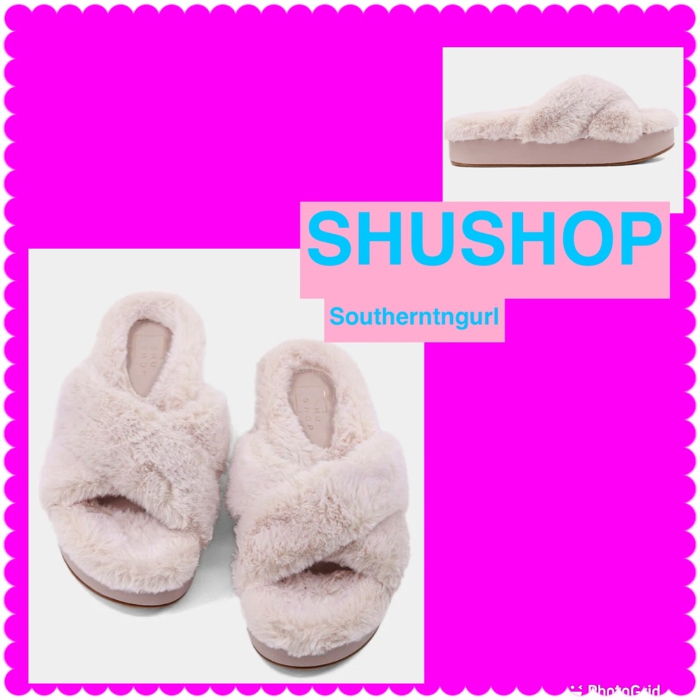 NWT SHUSHOP “ Juliet “ Plush Crisscross Slides Platform Slippers